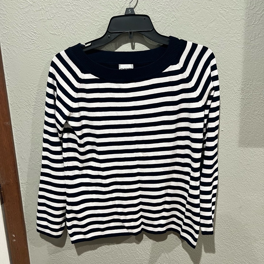 Chico's Navy and White Striped Long Sleeve Boatneck Top Size 1 EUC